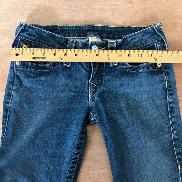 True Religion World Tour Skinny Jeans Women 27 Blue Mid Rise Flip Pocket Denim 1 - Picture 10 of 13